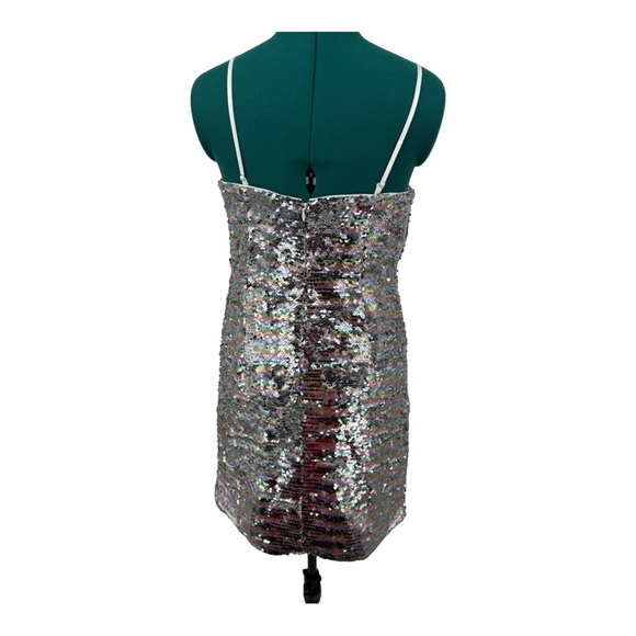 Avec Les Filles Silver Rainbow Bow Embellished Strapless Sequin Mini Dress - Picture 6 of 11